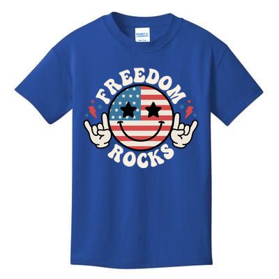 Freedom Rocks American Flag Funny Smile 4th Of July Groovy Funny Gift Kids T-Shirt