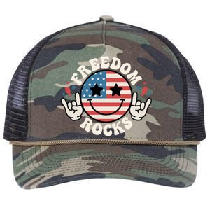 Freedom Rocks American Flag Funny Smile 4th Of July Groovy Funny Gift Retro Rope Trucker Hat Cap