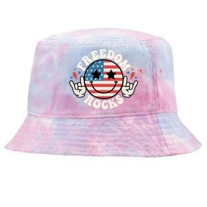 Freedom Rocks American Flag Funny Smile 4th Of July Groovy Funny Gift Tie-Dyed Bucket Hat