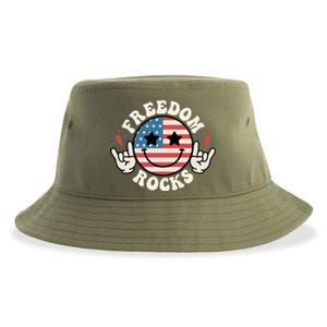 Freedom Rocks American Flag Funny Smile 4th Of July Groovy Funny Gift Sustainable Bucket Hat