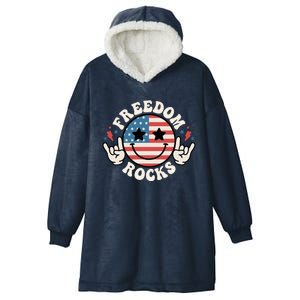 Freedom Rocks American Flag Funny Smile 4th Of July Groovy Funny Gift Hooded Wearable Blanket