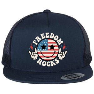 Freedom Rocks American Flag Funny Smile 4th Of July Groovy Funny Gift Flat Bill Trucker Hat