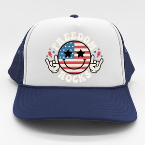 Freedom Rocks American Flag Funny Smile 4th Of July Groovy Funny Gift Trucker Hat