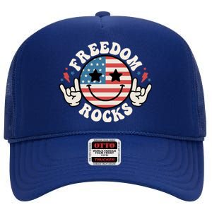 Freedom Rocks American Flag Funny Smile 4th Of July Groovy Funny Gift High Crown Mesh Back Trucker Hat