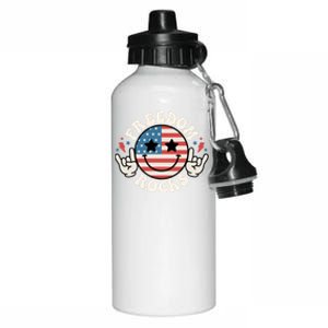 Freedom Rocks American Flag Funny Smile 4th Of July Groovy Funny Gift Aluminum Water Bottle