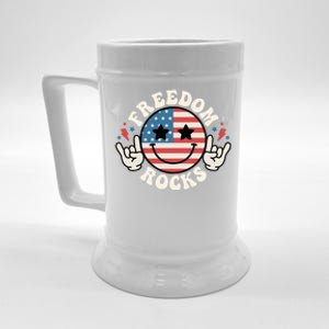 Freedom Rocks American Flag Funny Smile 4th Of July Groovy Funny Gift Beer Stein