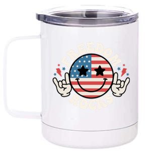 Freedom Rocks American Flag Funny Smile 4th Of July Groovy Funny Gift 12 oz Stainless Steel Tumbler Cup