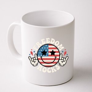 Freedom Rocks American Flag Funny Smile 4th Of July Groovy Funny Gift Coffee Mug