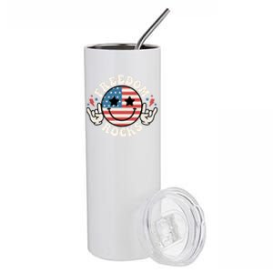 Freedom Rocks American Flag Funny Smile 4th Of July Groovy Funny Gift Stainless Steel Tumbler