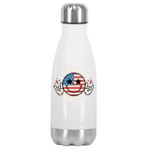 Freedom Rocks American Flag Funny Smile 4th Of July Groovy Funny Gift Stainless Steel Insulated Water Bottle