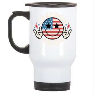 Freedom Rocks American Flag Funny Smile 4th Of July Groovy Funny Gift Stainless Steel Travel Mug