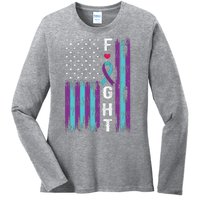 Fight Ribbon American Flag Suicide Prevention Awareness Ladies Long Sleeve Shirt