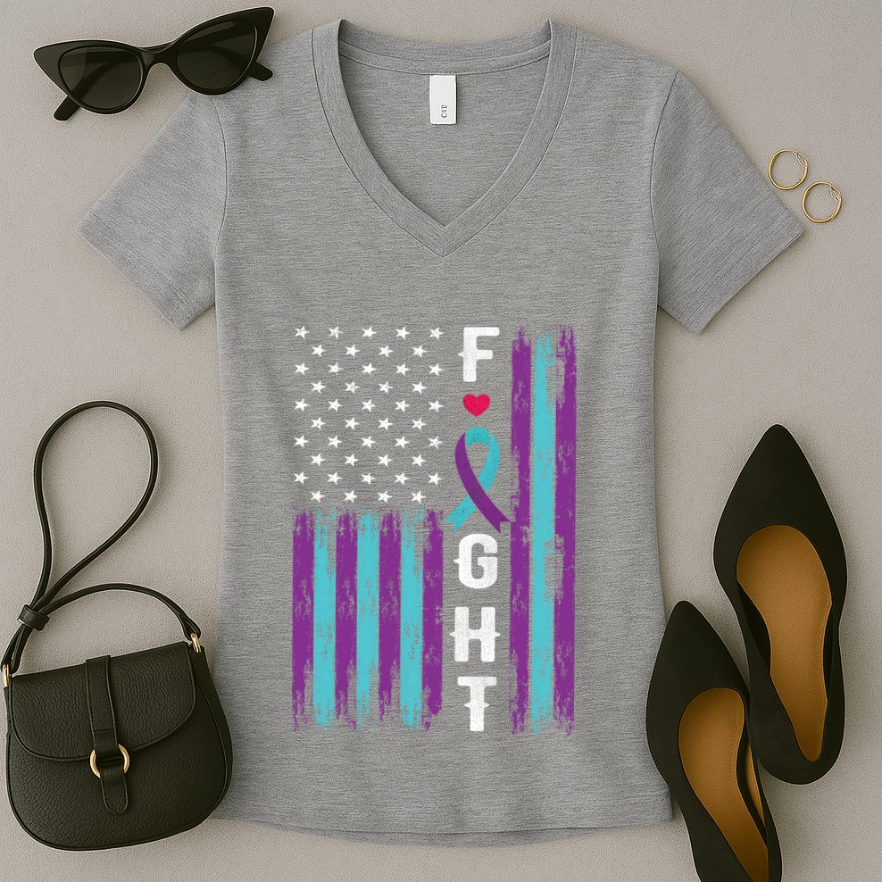 Fight Ribbon American Flag Suicide Prevention Awareness Women's V-Neck T-Shirt