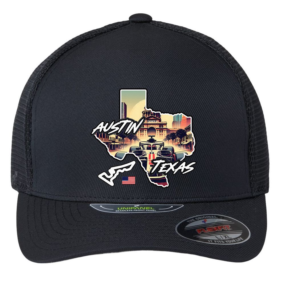 Formula Racing Austin Texas Open Wheel Car Circuit Usa Flag Flexfit Unipanel Trucker Cap