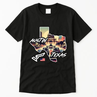 Formula Racing Austin Texas Open Wheel Car Circuit Usa Flag Tall T-Shirt