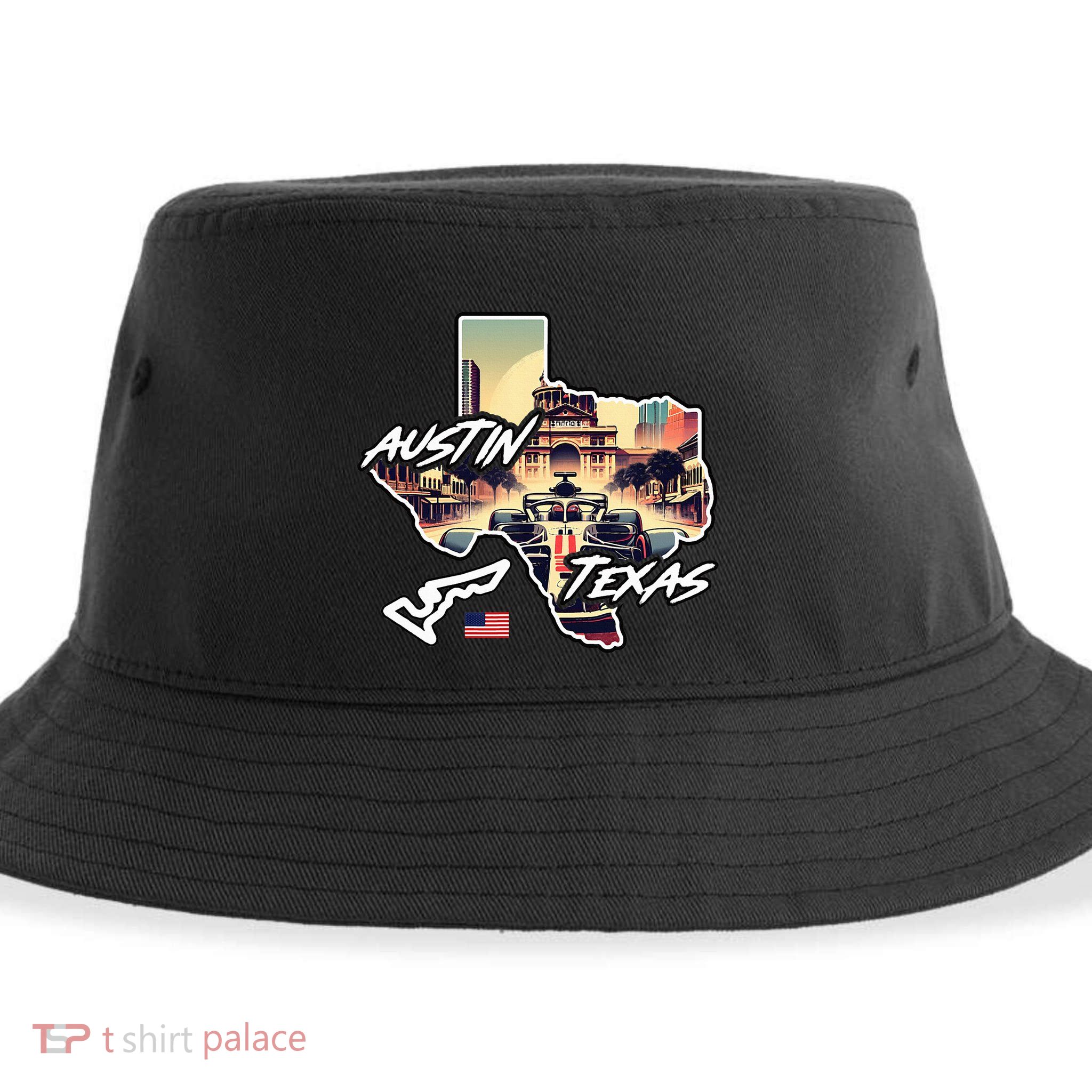 Formula Racing Austin Texas Open Wheel Car Circuit Usa Flag Sustainable Bucket Hat