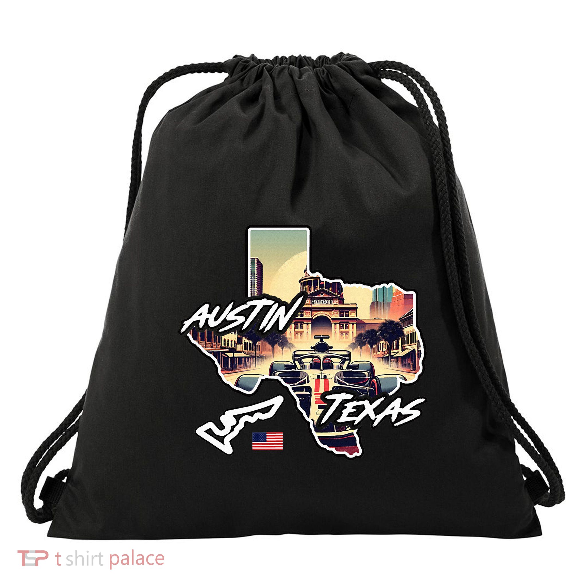 Formula Racing Austin Texas Open Wheel Car Circuit Usa Flag Drawstring Bag