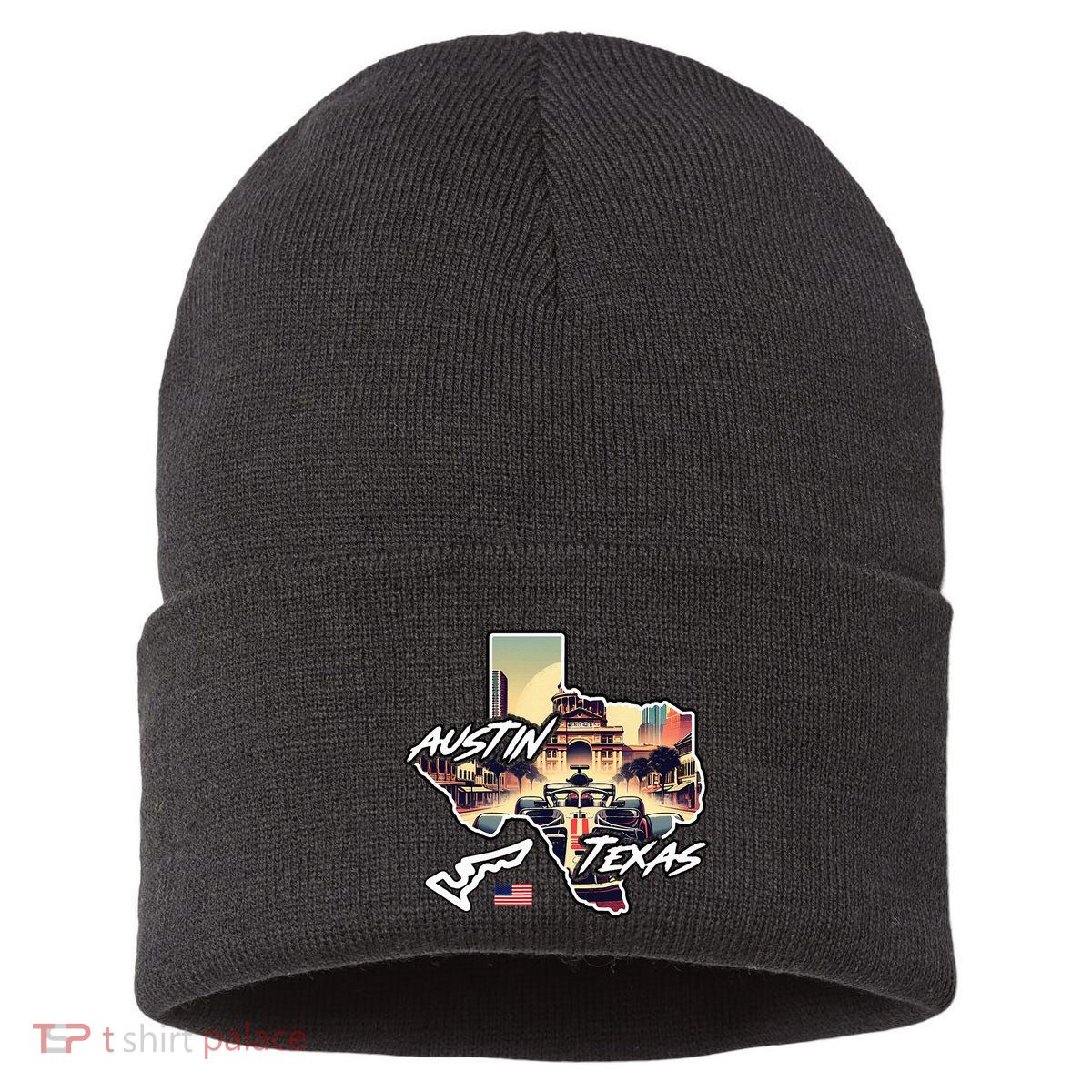 Formula Racing Austin Texas Open Wheel Car Circuit Usa Flag Sustainable Knit Beanie