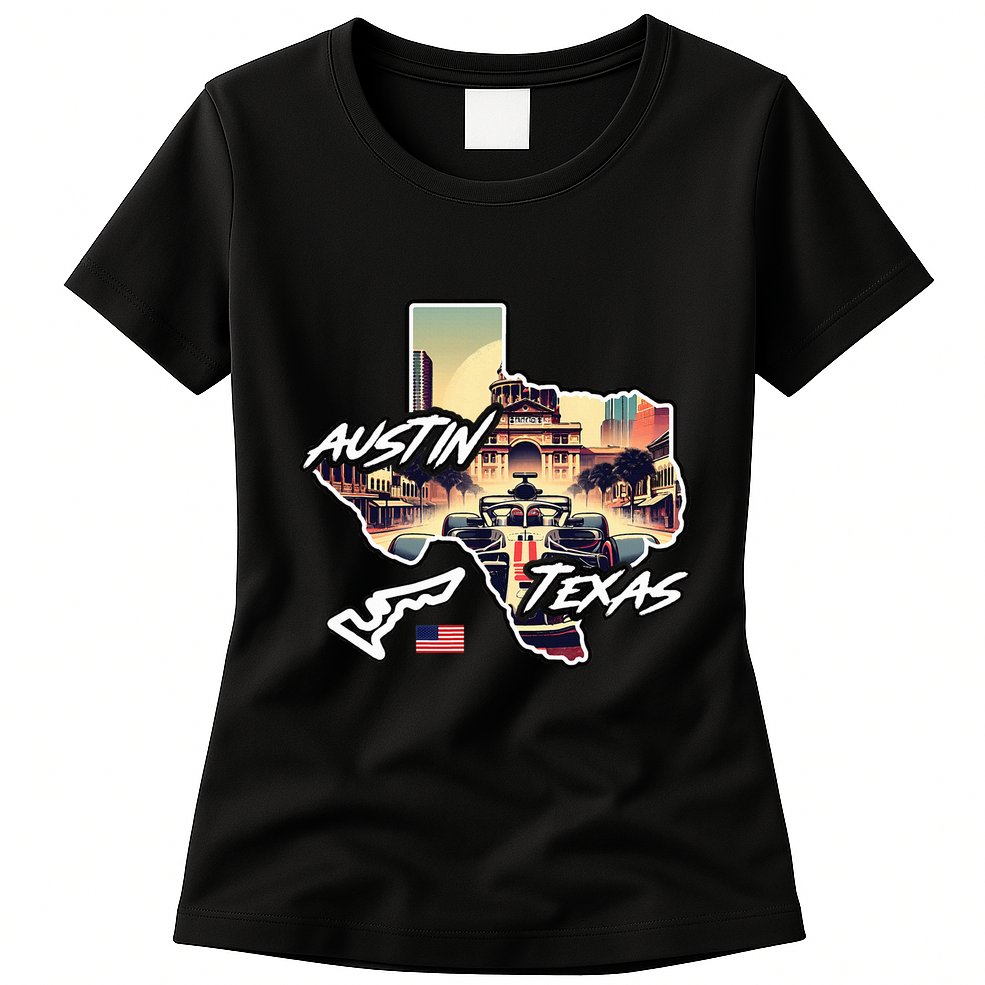 Formula Racing Austin Texas Open Wheel Car Circuit Usa Flag Womens T-Shirt