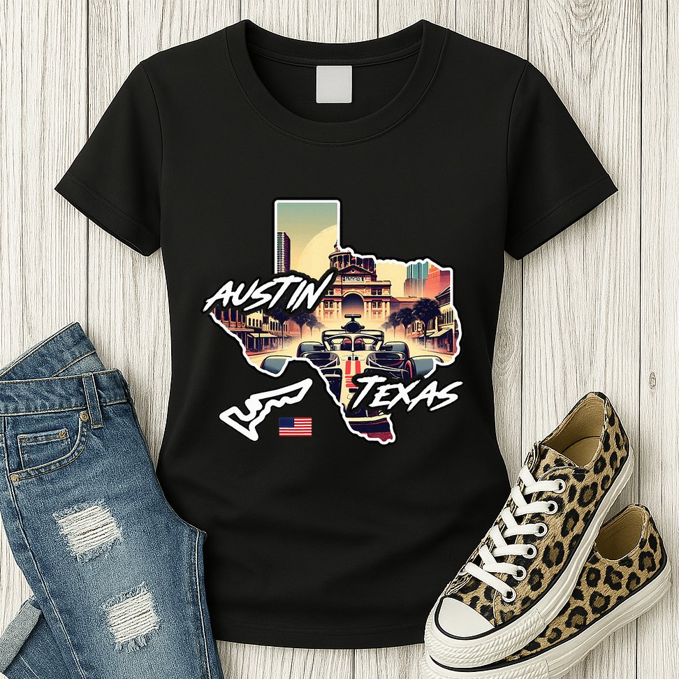 Formula Racing Austin Texas Open Wheel Car Circuit Usa Flag Womens T-Shirt