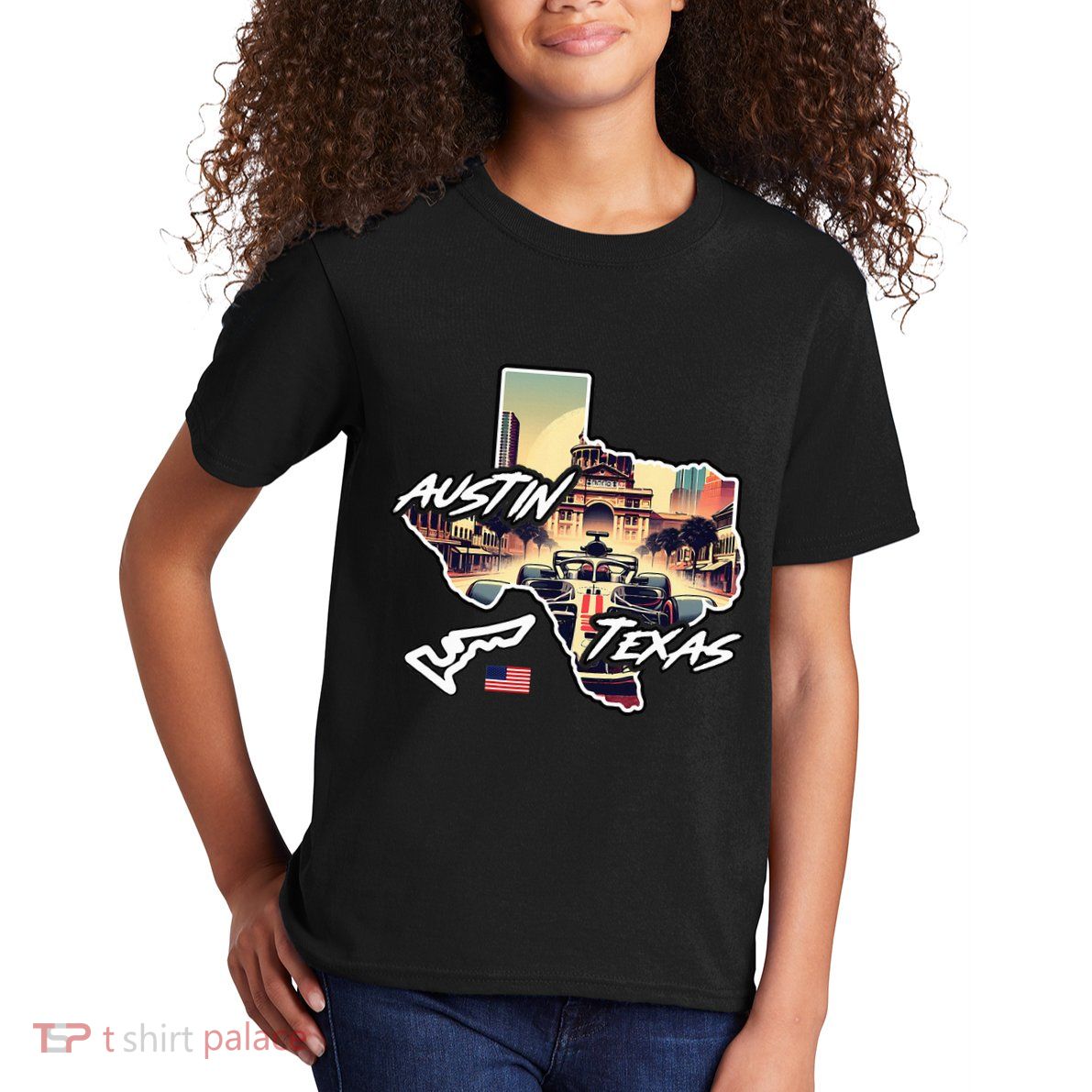 Formula Racing Austin Texas Open Wheel Car Circuit Usa Flag Kids T-Shirt
