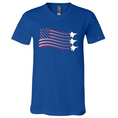 F22 Raptor Airshow American Flag 4th Of July Airplane Art Gift V-Neck T-Shirt