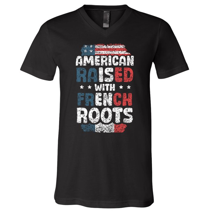 Funny Roots American French Us French American Flag Usa V-Neck T-Shirt