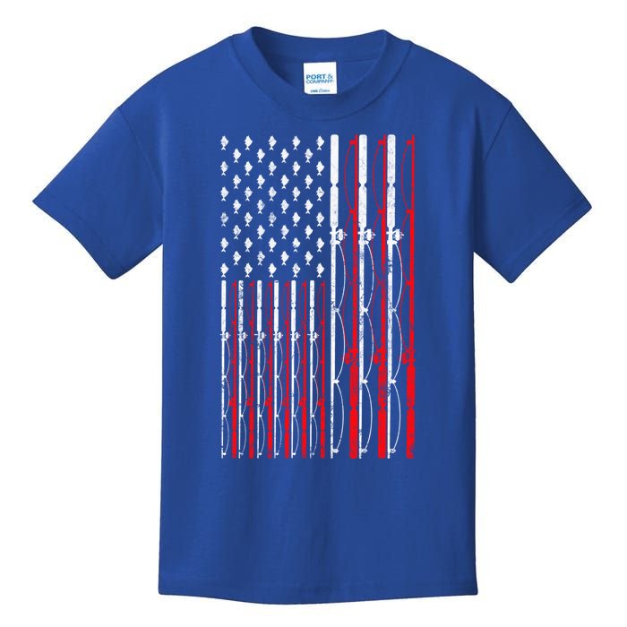 Fishing Rod American Flag Funny Vintage Fishing Great Gift Kids T-Shirt