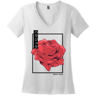 Floral Rose Art Japanese Flower Aesthetic Fashion Women's V-Neck T-Shirt