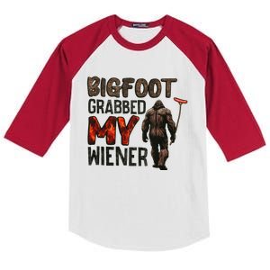 Funny Retro Bigfoot Bigfoot Grabbed My Wiener Kids Colorblock Raglan Jersey