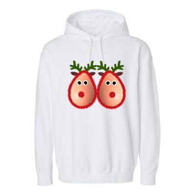 Funny Reindeer Boobs Ugly Christmas Sweater Deer Naughty Funny Gift Garment-Dyed Fleece Hoodie