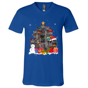 Funny Russian Blue Christmas Tree Pet Cat Lover Xmas Meaningful Gift V-Neck T-Shirt