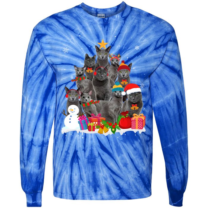 Funny Russian Blue Christmas Tree Pet Cat Lover Xmas Meaningful Gift Tie-Dye Long Sleeve Shirt