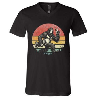 Funny Retro Bigfoot Skater Vintage Sasquatch Skateboarding V-Neck T-Shirt