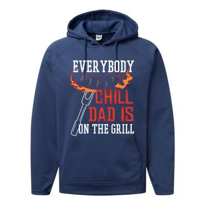 Funny Retro Bbq Party Grill Smoker Chef Dad Everybody Chill Gift Performance Fleece Hoodie