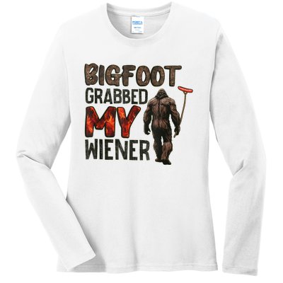 Funny Retro Bigfoot Bigfoot Grabbed My Wiener Ladies Long Sleeve Shirt