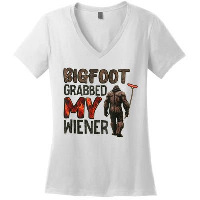 Funny Retro Bigfoot Bigfoot Grabbed My Wiener Women's V-Neck T-Shirt