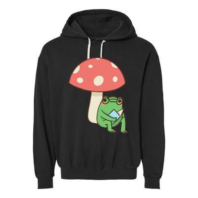 Frog Reading Book Mushroom Lover Gift Cottagecore Aesthetic Garment-Dyed Fleece Hoodie