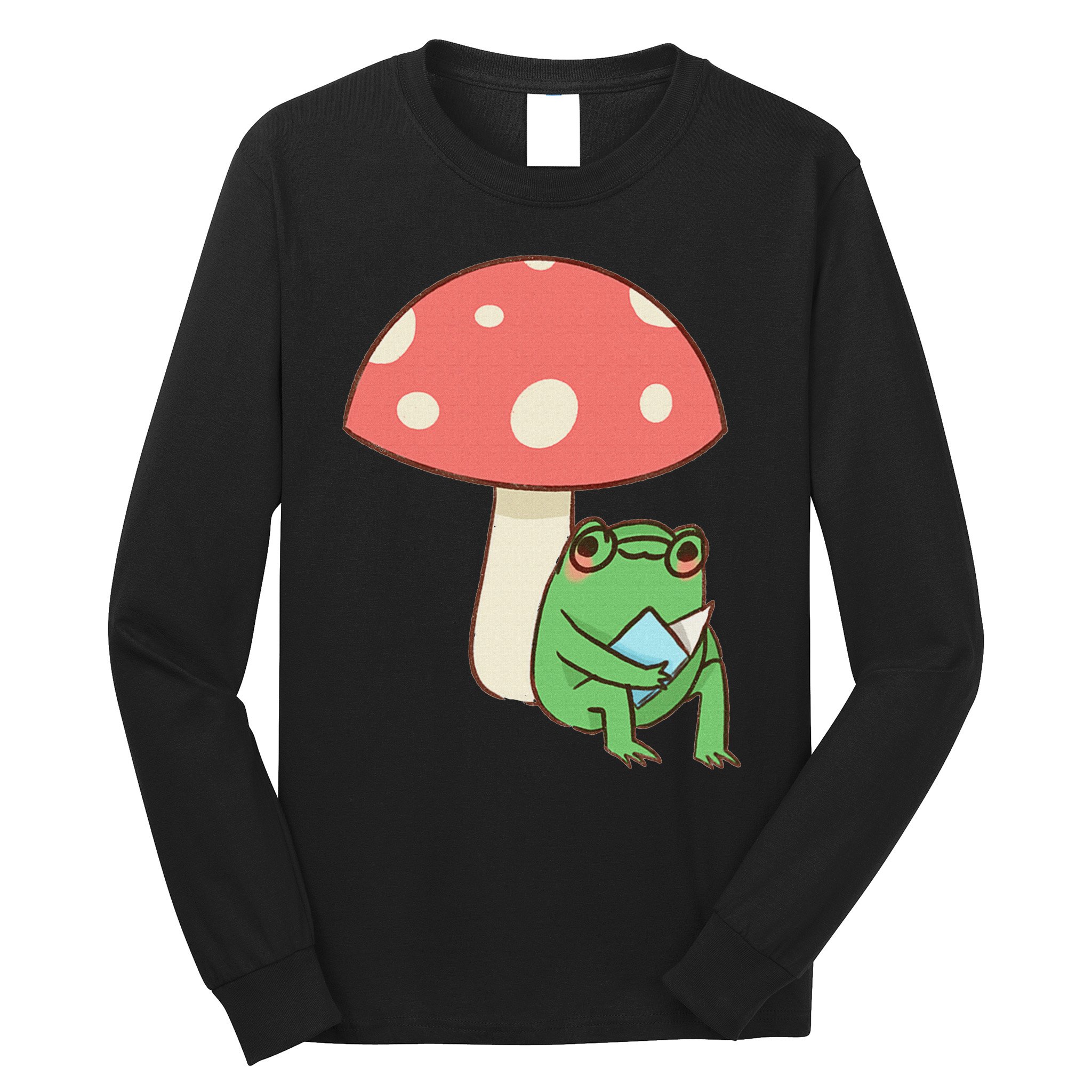 Frog Reading Book Mushroom Lover Gift Cottagecore Aesthetic Long Sleeve Shirt