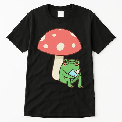 Frog Reading Book Mushroom Lover Gift Cottagecore Aesthetic Tall T-Shirt