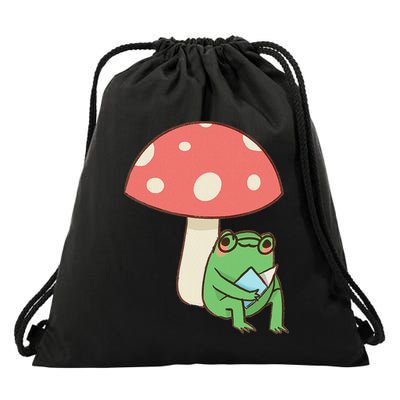 Frog Reading Book Mushroom Lover Gift Cottagecore Aesthetic Drawstring Bag