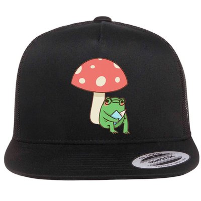 Frog Reading Book Mushroom Lover Gift Cottagecore Aesthetic Flatbill Hat