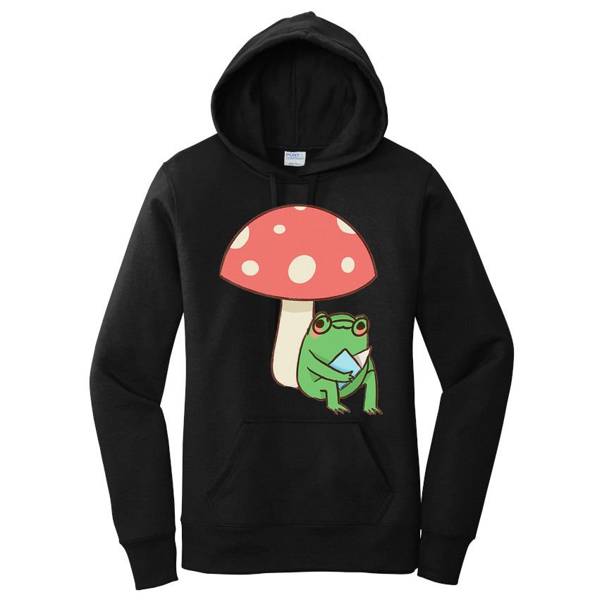 Frog Reading Book Mushroom Lover Gift Cottagecore Aesthetic Women's Pullover Hoodie