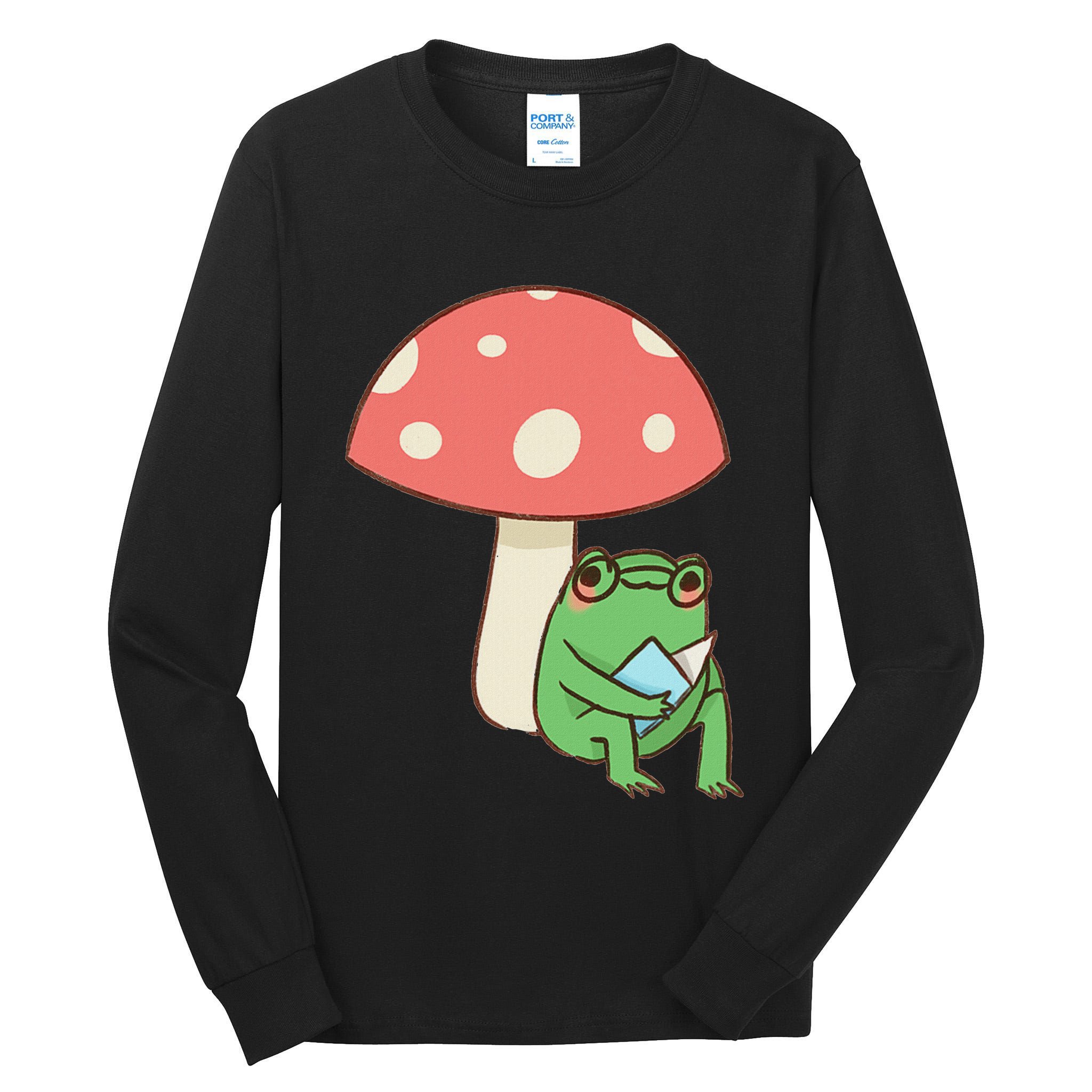 Frog Reading Book Mushroom Lover Gift Cottagecore Aesthetic Tall Long Sleeve T-Shirt