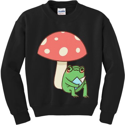 Frog Reading Book Mushroom Lover Gift Cottagecore Aesthetic Kids Sweatshirt