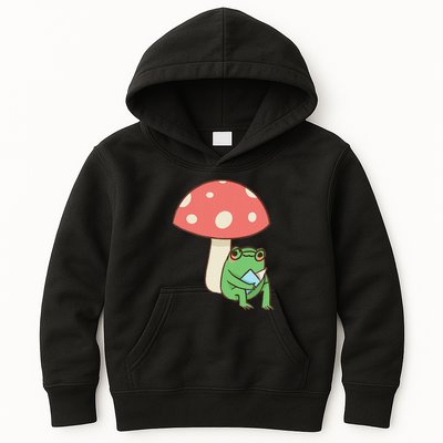 Frog Reading Book Mushroom Lover Gift Cottagecore Aesthetic Kids Hoodie