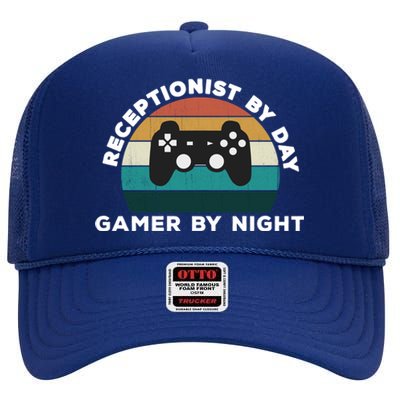 Funny Receptionist By Day Gamer By Night: Video Game Lover Gift High Crown Mesh Back Trucker Hat