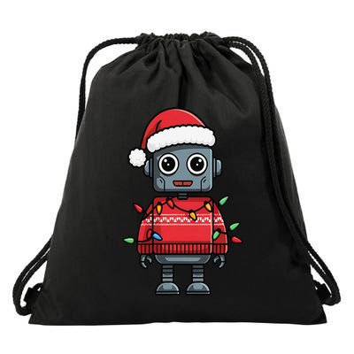 Festive Robot Bringing Christmas Cheer And Fun Lights Drawstring Bag