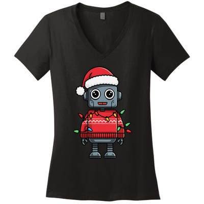 Festive Robot Bringing Christmas Cheer And Fun Lights Women's V-Neck T-Shirt