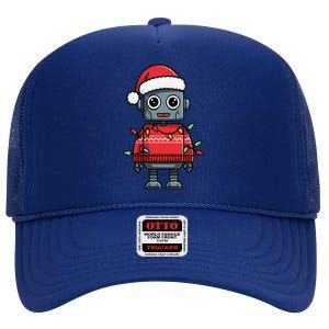 Festive Robot Bringing Christmas Cheer And Fun Lights High Crown Mesh Back Trucker Hat